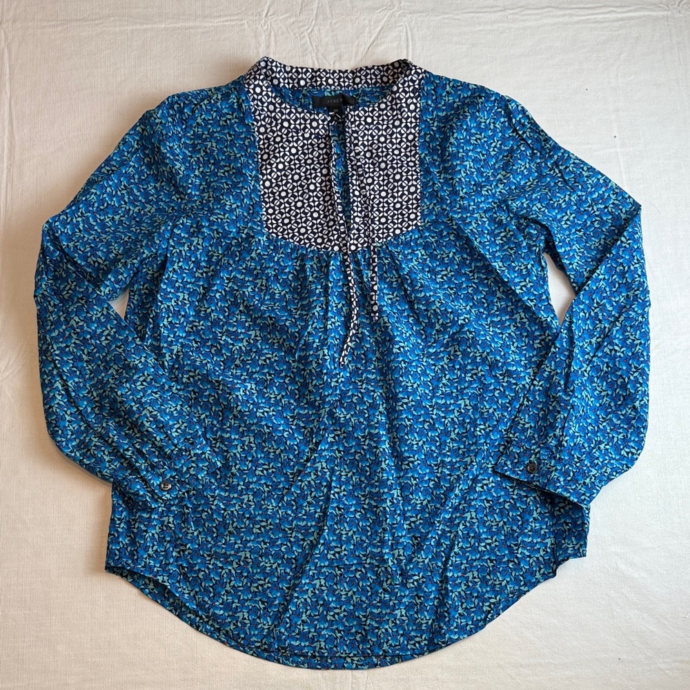 J. Crew Women's Blue Floral Tunic Blouse Front Tie Rounded Hem Size 00